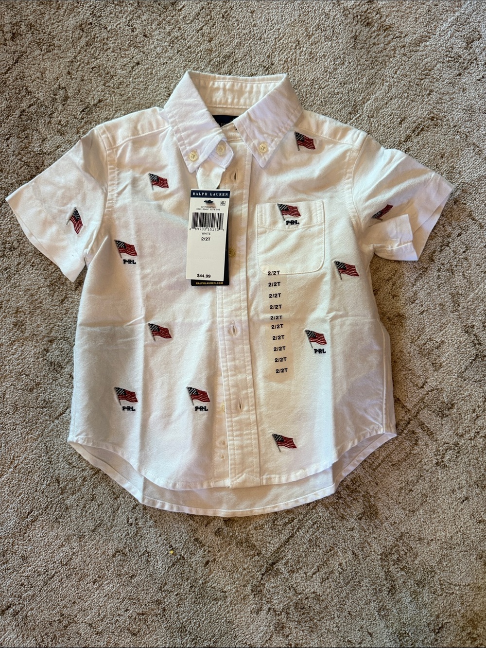 Ralph Lauren White Short-Sleeve Button-Down Shirt with Flag Embroidery